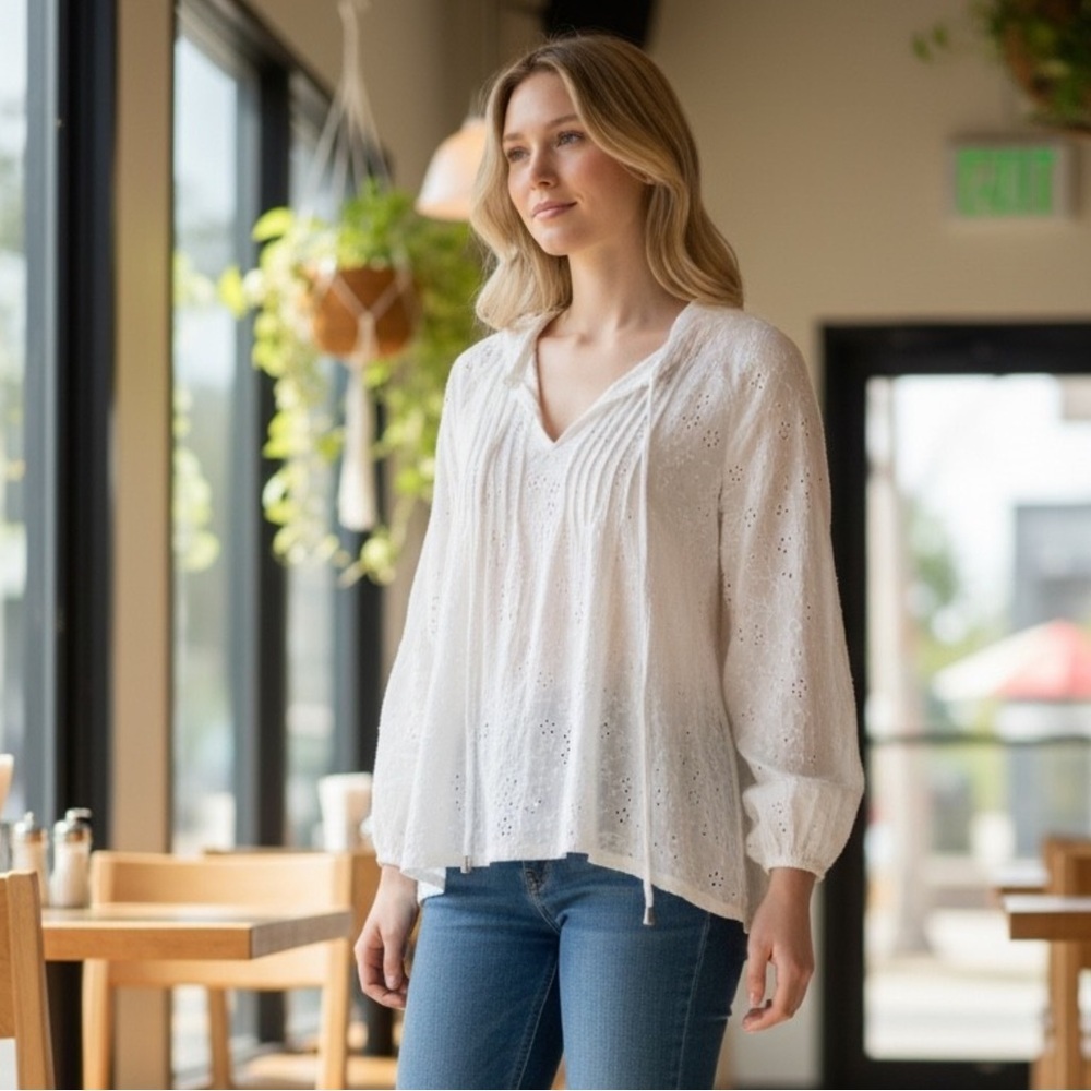 Cupio White Eyelet Embroidered Blouse Boho Peasant Top Long Sleeve - Large